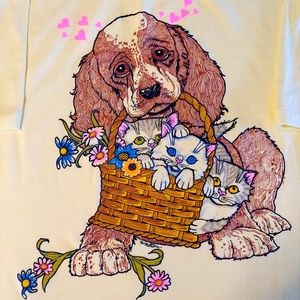 Vintage 90s Kitty Cats Kittens in Basket Puppy Dog Large Yellow T-Shirt